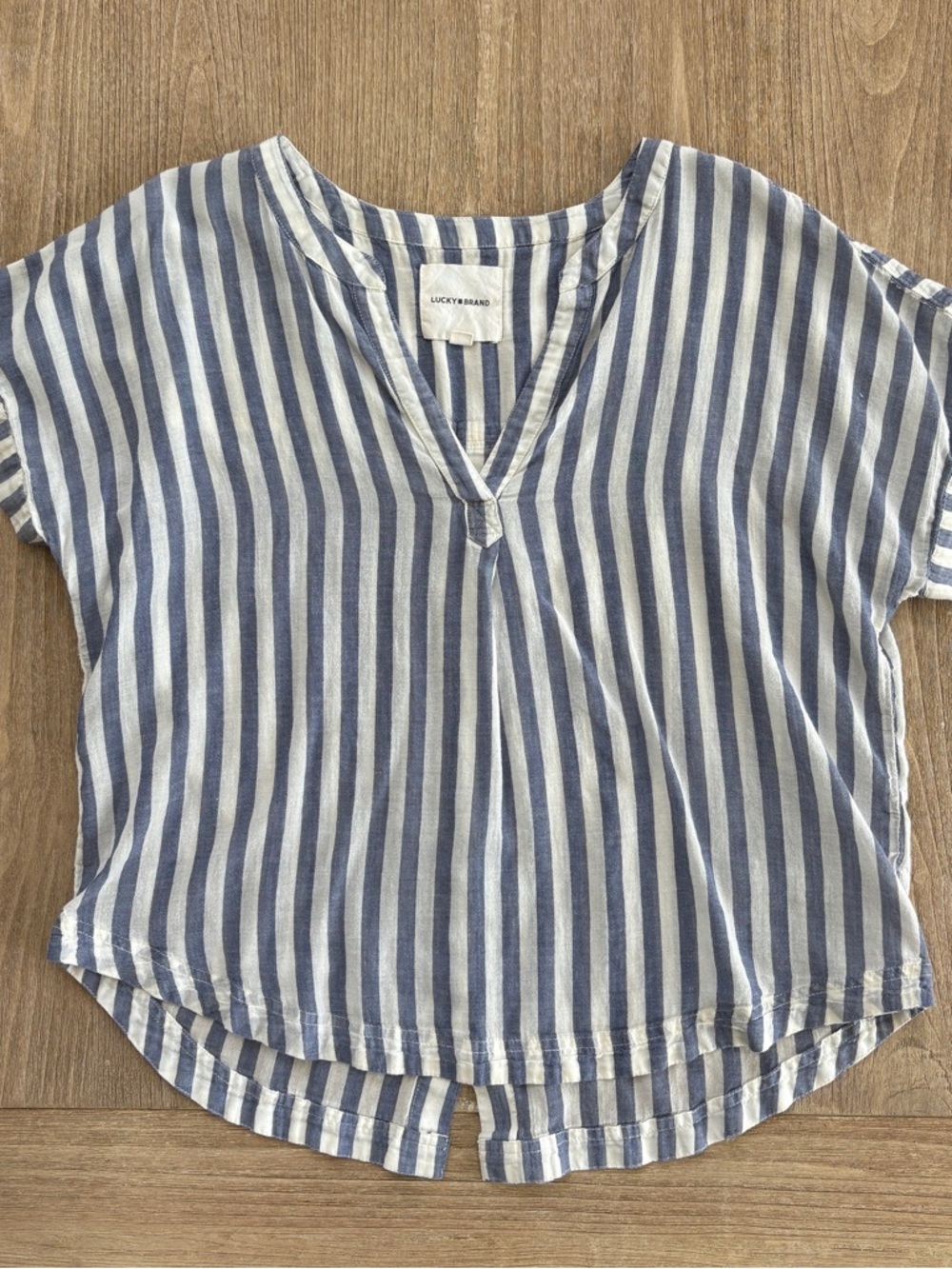 Lucky Brand Blue & White Vertical Stripe V-Neck Top